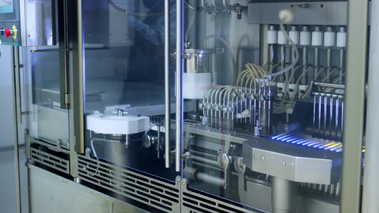 의약품 병 제조 라인. 의약품 산업