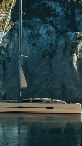 a white yacht is docked in a bay surrounded by cliffs