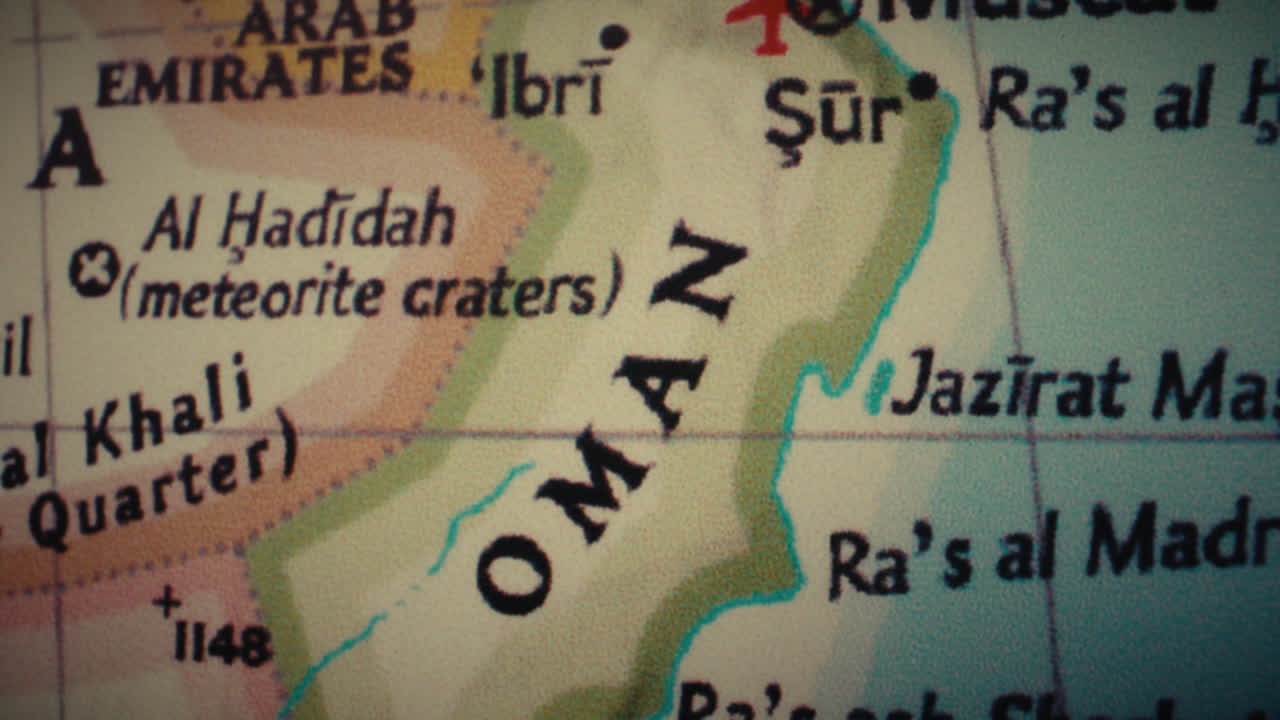 Close-up view of a map showing Oman and surrounding regions