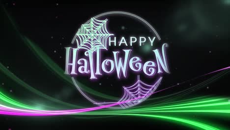 Animation-of-happy-halloween-and-spiders-web-over-lights-on-black-background