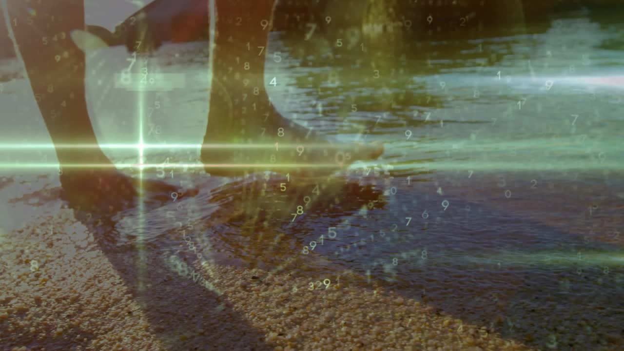 Animation of data processing over caucasian woman at beach