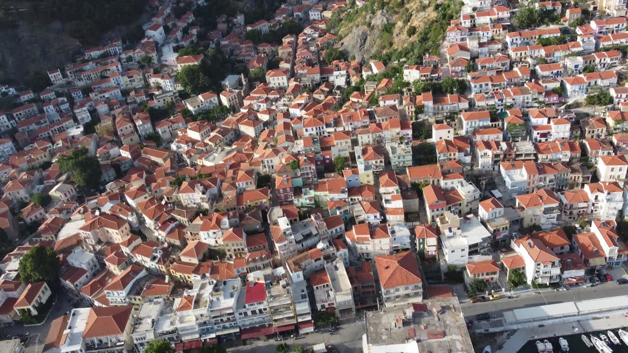 그리스 해안 도시 plumari 전통 주택 옥상 뷰, 레스보스 섬, 에게 해, 공중