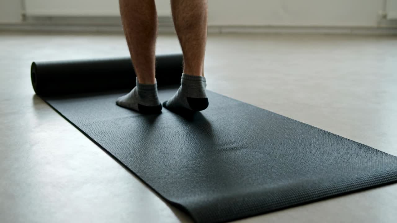 Entering frame at home man's feet stepping onto rolled black mat warming wearing grey socks, shorts