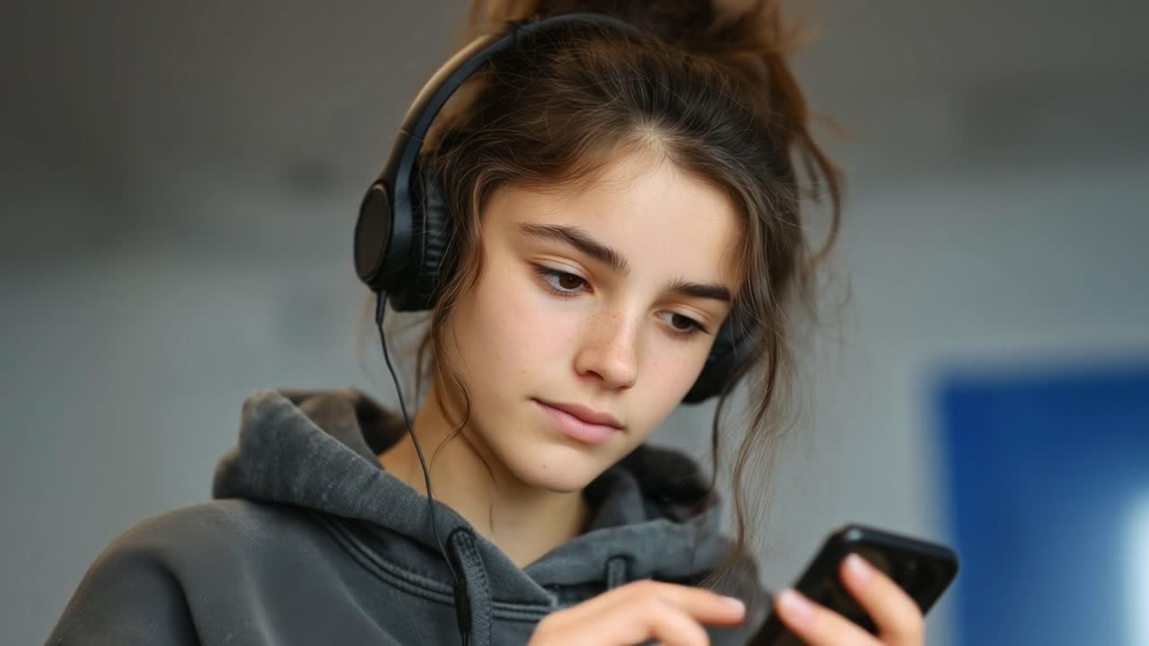 Young woman listening to music on her phone with headphones