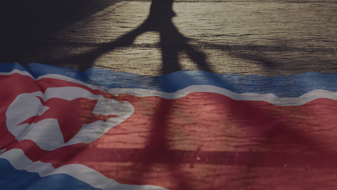 анимация диаграммы и флага северной кореи над людьми, идущими по городу