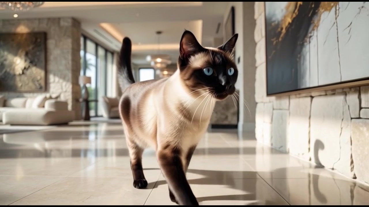 Gatto siamese che attraversa un lussuoso soggiorno moderno