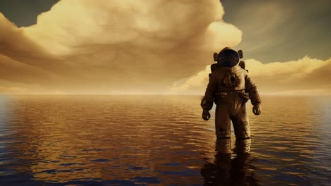 astronauta en el mar bajo las nubes al atardecer