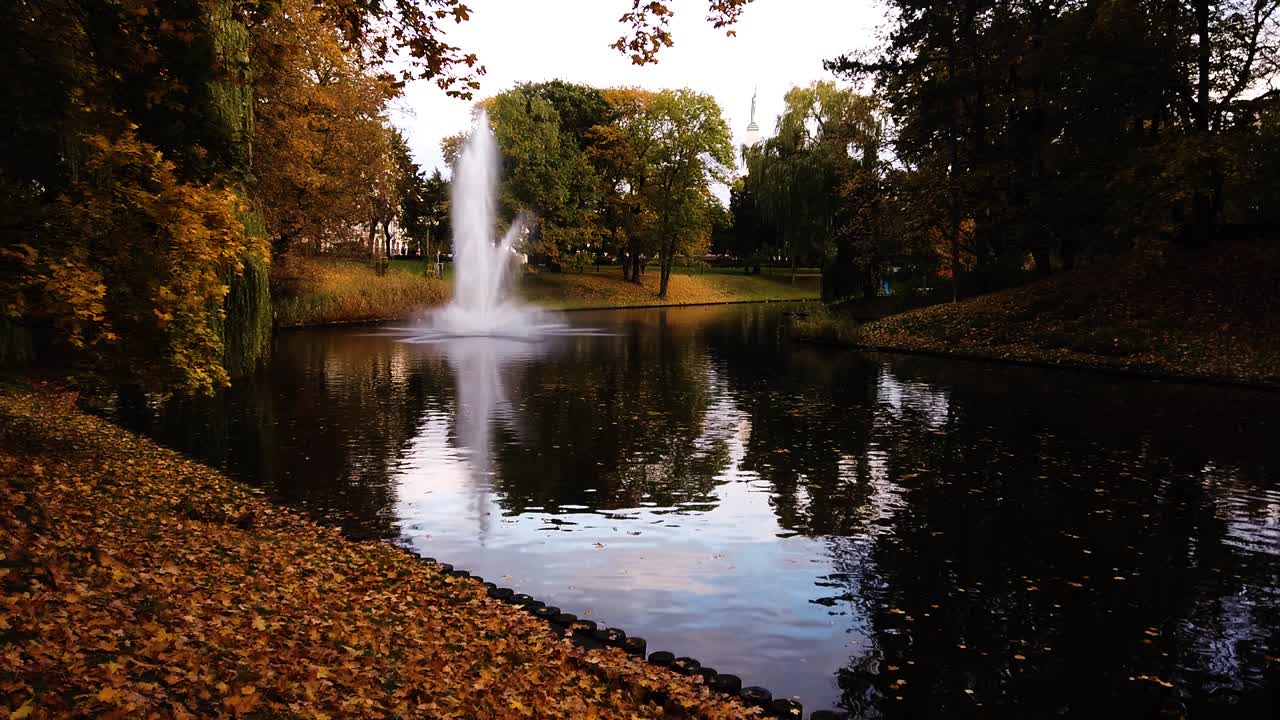 el parque de kronvalda en riga, letonia en la hermosa temporada dorada de otoño con una enorme fuente en el centro del estanque