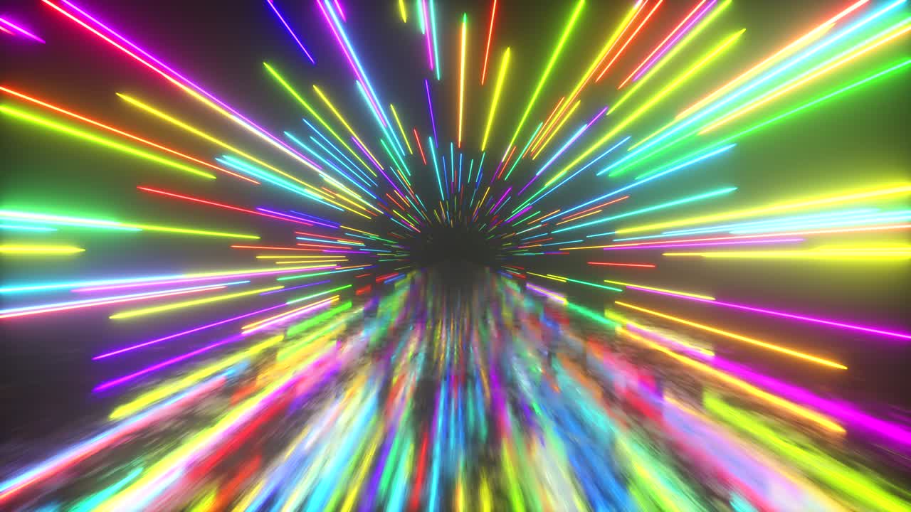 빛나는 네온 선으로 우주를 날아가는 하이퍼스페이스, 현대적인 빛의 스트럼, 다채로운 색, 원활한 루프, 3d 렌더링