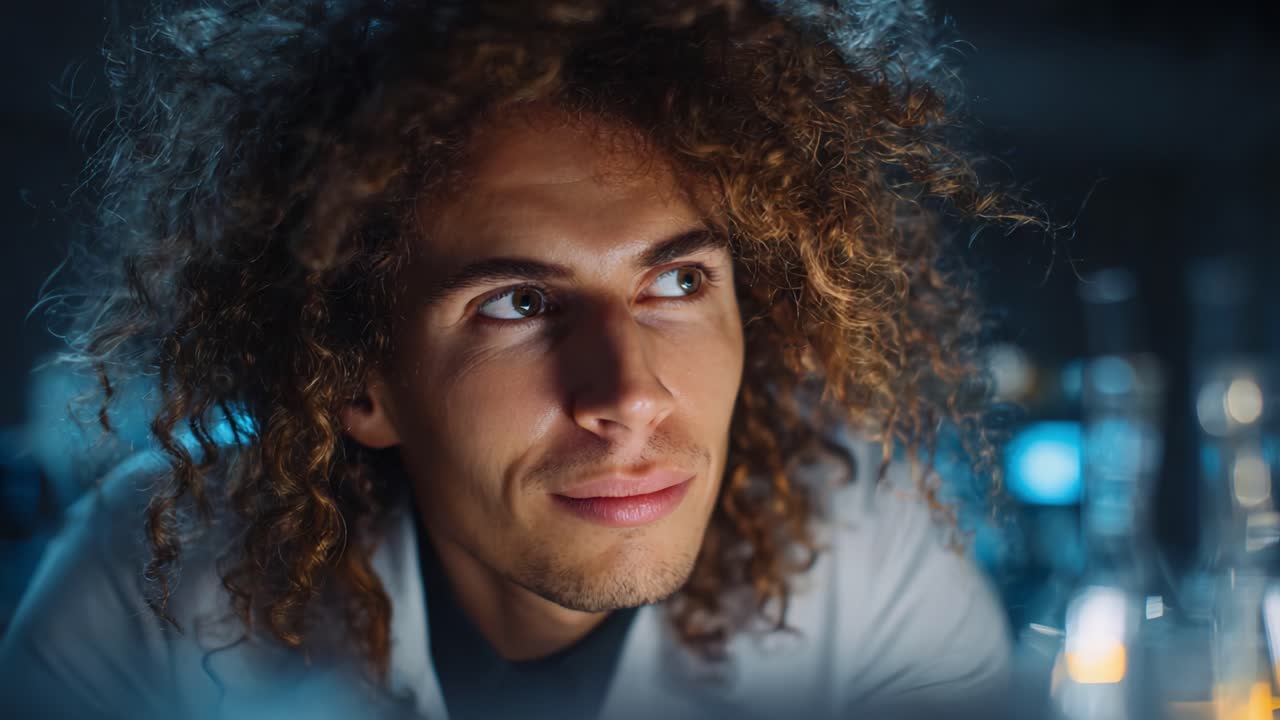 Un momento illuminante catturato in un laboratorio, che mostra uno scienziato con i capelli ricci, profondamente assorto nei suoi pensieri, circondato da vetreria incandescente e attrezzature scientifiche