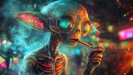 smoking alien in a night city