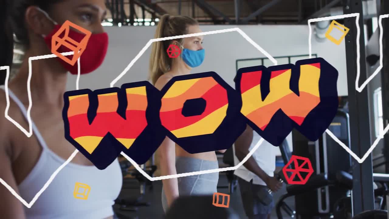 다양한 그룹이 얼굴 마스크를 착용하여 운동하는 단어의 애니메이션