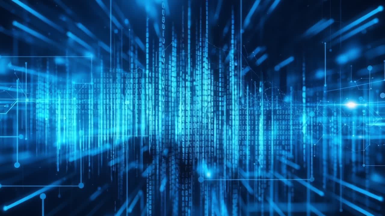 Dynamic Visualization of Data Streams: A Journey Through Binary Code and Digital Waves Captured in Mesmerizing Blue Hues and Radiant Light Trails