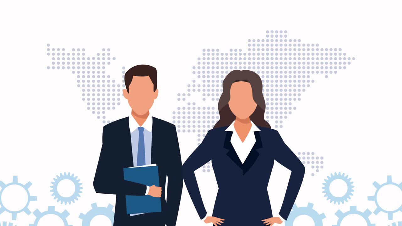 elegante pareja de negocios con engranajes y mapas de planetas del mundo animación