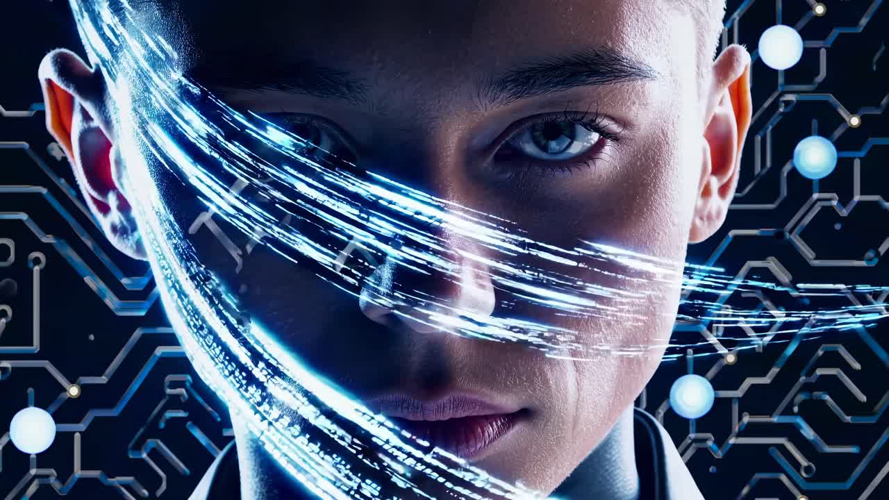 Futuristic video concept with a close-up angle of a face, featuring digital circuit patterns