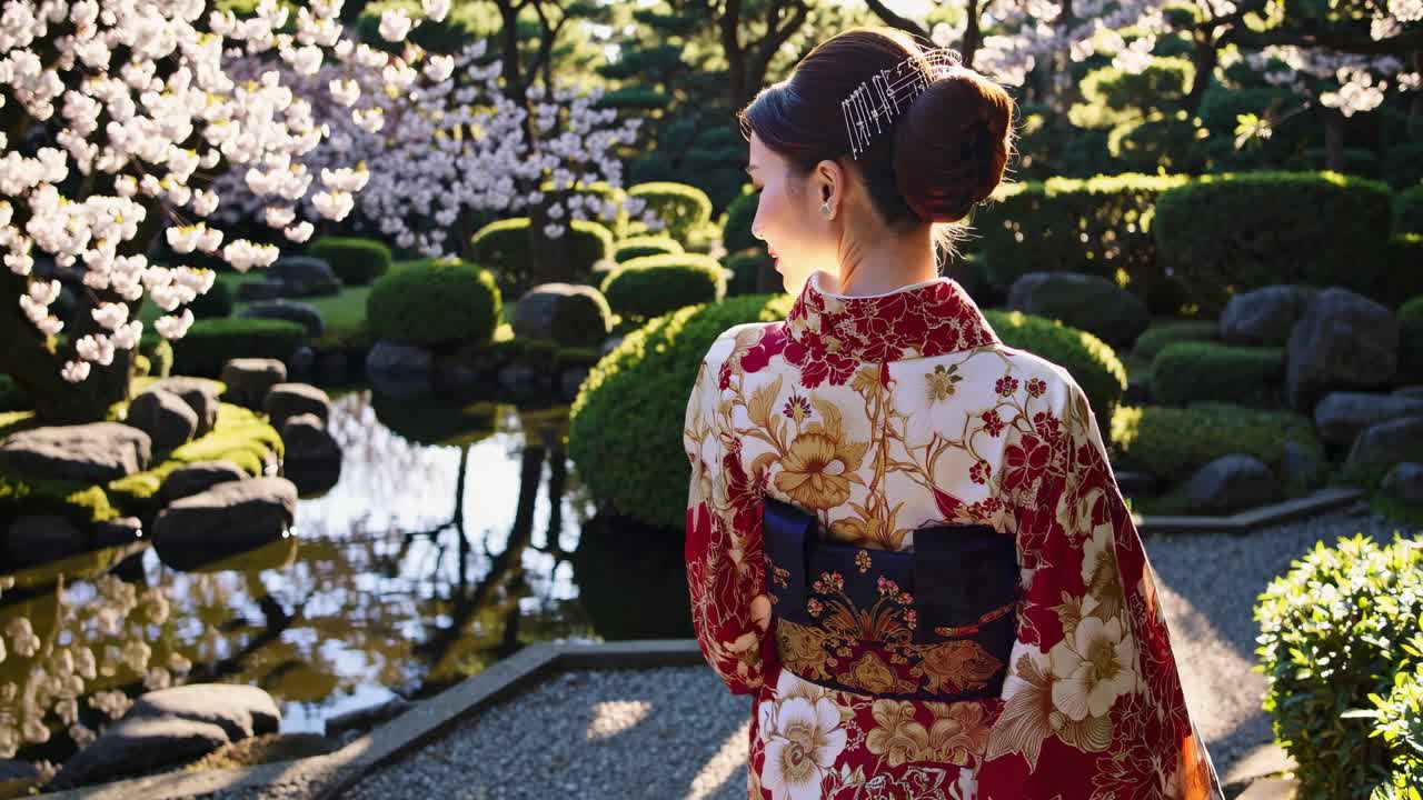 A serene video scene of a woman in a kimono, captured from behind at eye level, amidst a tranquil