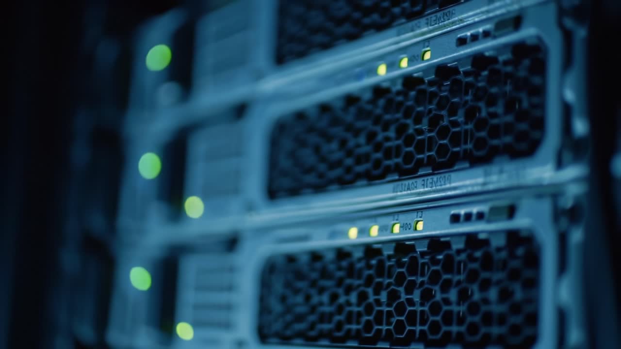 Close-up View of Server Rack: Illuminated Network Hardware Showcasing Data Transmission and Processing in a High-Tech Environment