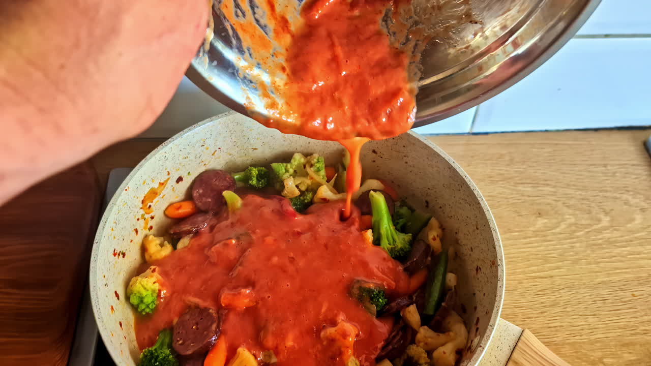hand pouring red sauce from a bowl onto colorful sautéed broccoli, carrots, cauliflower, and sausage