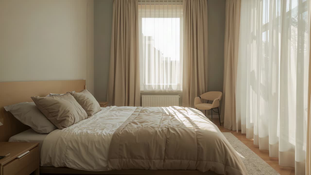 La luce del sole che cambia posizione attraversa un letto queen-size vicino alla finestra della camera da letto, con le tende che svolazzano per la brezza