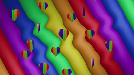 animation of rainbow hearts over rainbow stripes and colours moving on seamless loop