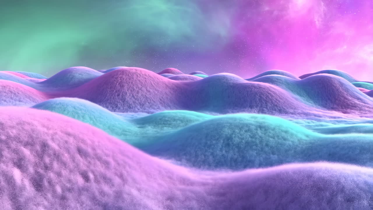 Colorful Surreal Landscape with Pastel Hills and Nebula Sky