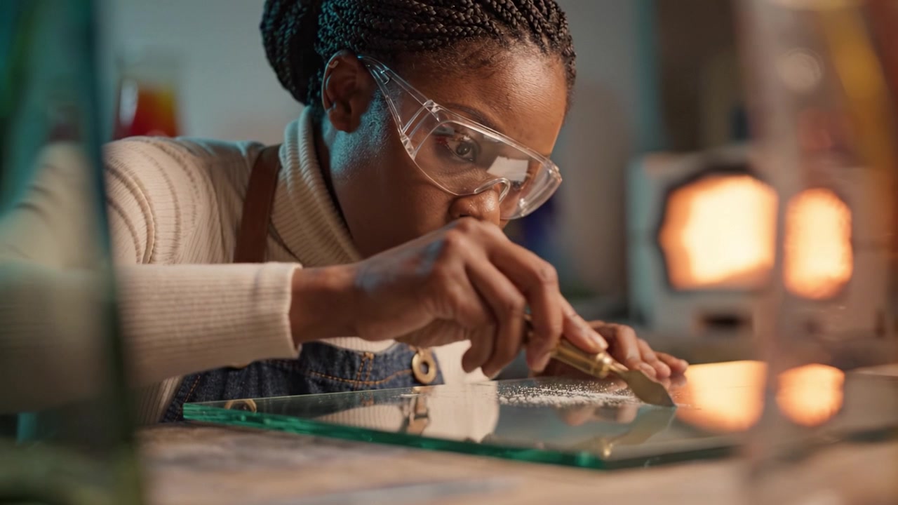 Craftswoman Skillfully Cutting Glass with Precision Tool While Wearing Protective Eyewear and Focused Expression in a Workshop Environment.