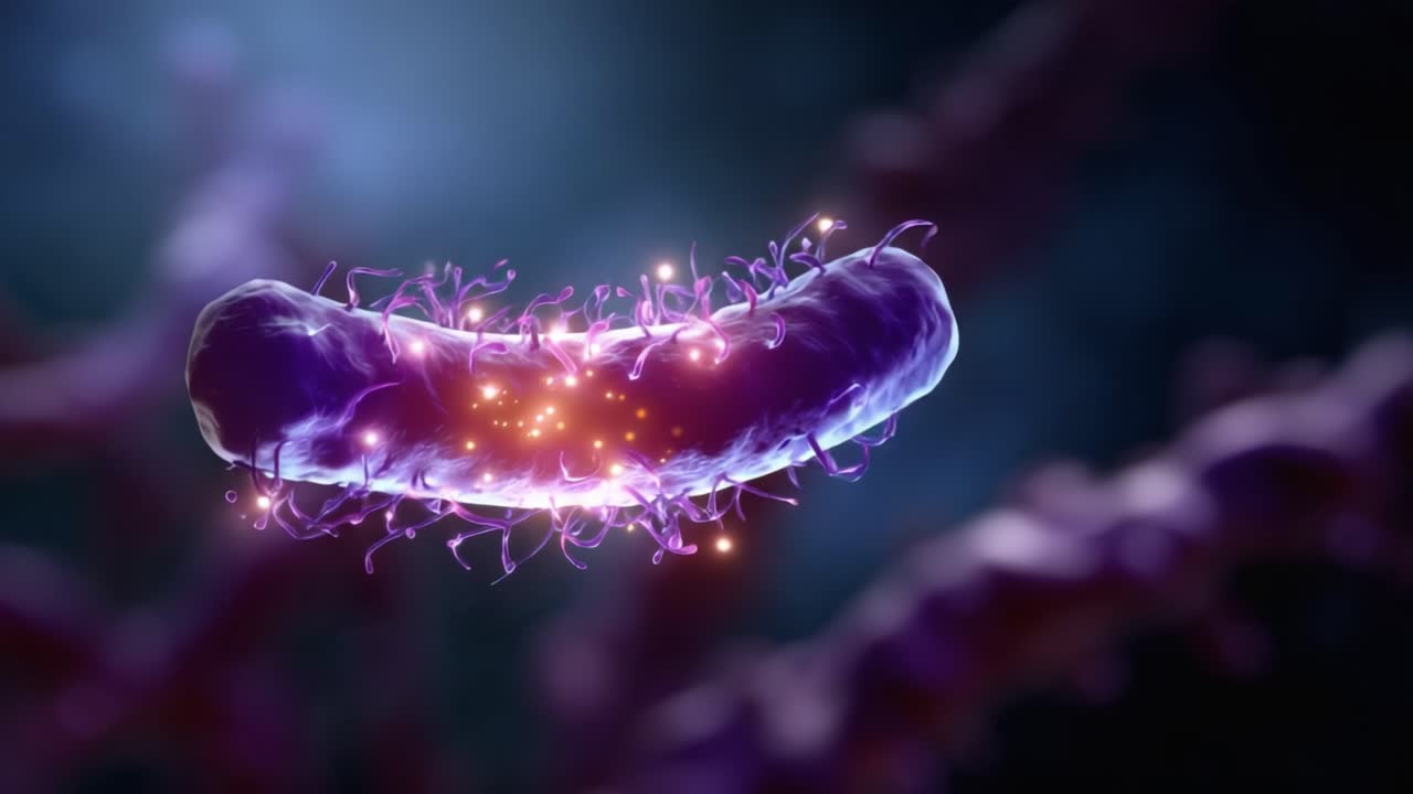 High-Resolution Visualization of a Bacterium Surrounded by Vibrant Colors, Showcasing Intricate Structures and Intriguing Cellular Features in a Microbial Context