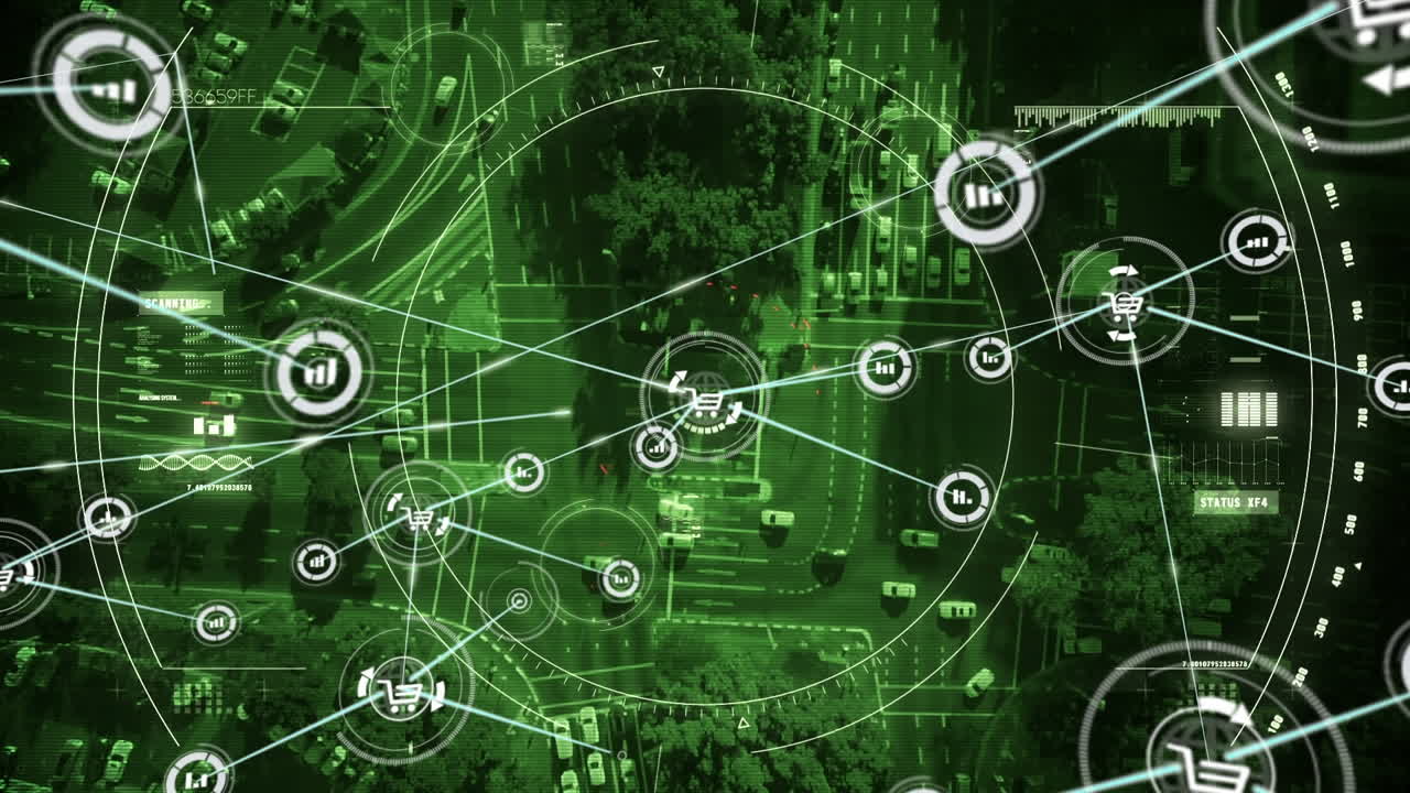 animación de la red de conexiones con iconos sobre el paisaje urbano