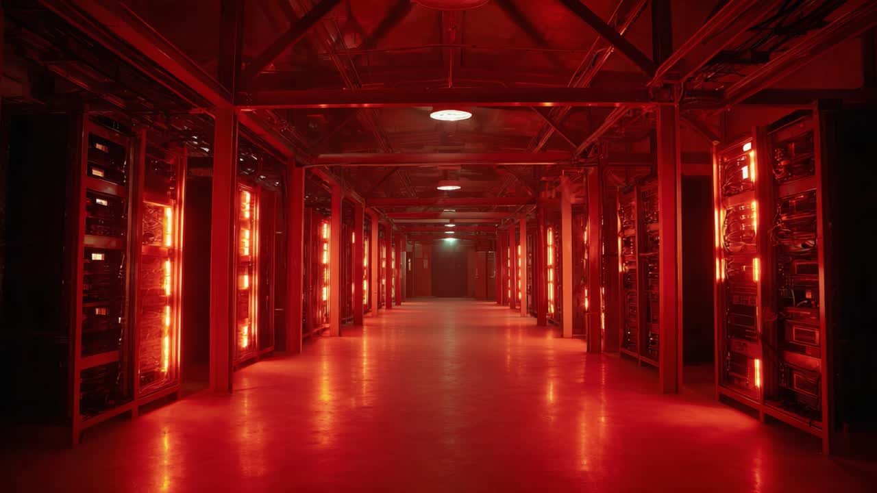 Vibrant corridor illuminated by red lights showcasing rows of high-tech servers, creating an ambiance of advanced technology in a futuristic data center environment