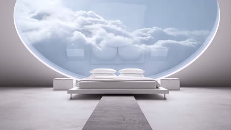 modern minimalist bedroom with circular cloud window