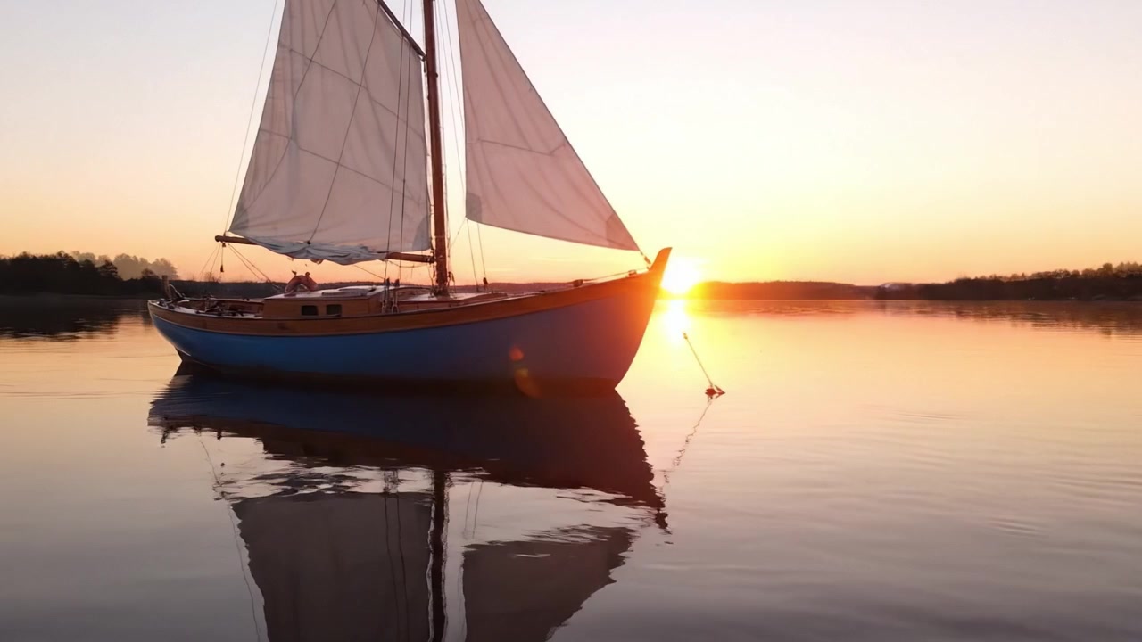 Riflessi sereni del tramonto: una barca a vela blu scivola su acque tranquille, circondata dalla bellezza della natura e da colori accattivanti mentre il giorno si trasforma in notte