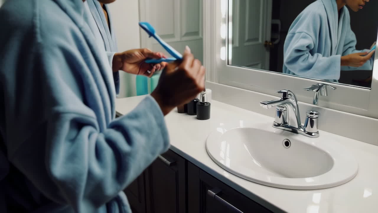 Donna che si lava i denti in bagno