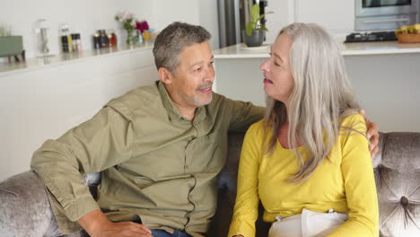 embracing on couch, happy multiracial senior couple enjoying quality time at home together