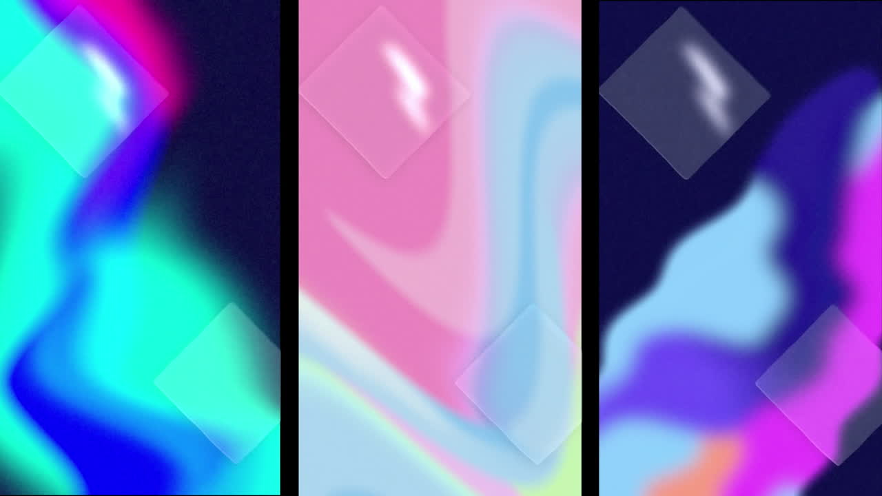 Animation of pink and grey swirls on vertical screen, over pink and blue forms on dark background