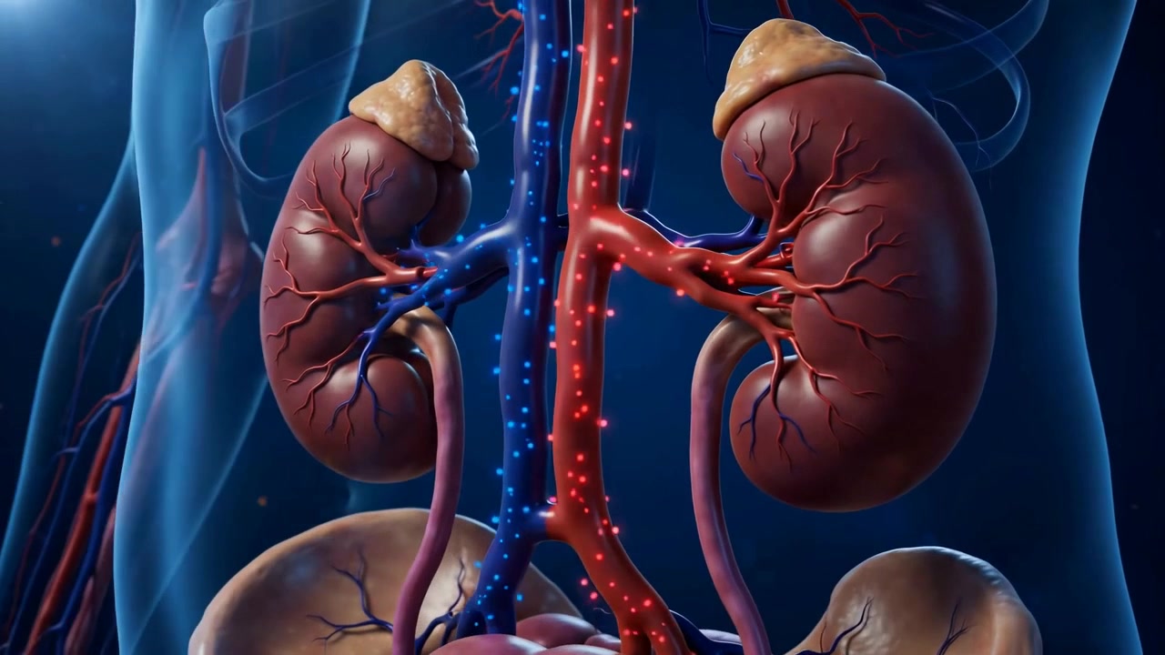 Animazione medica 3D dell'anatomia del rene umano e del flusso sanguigno in una dettagliata visualizzazione medica