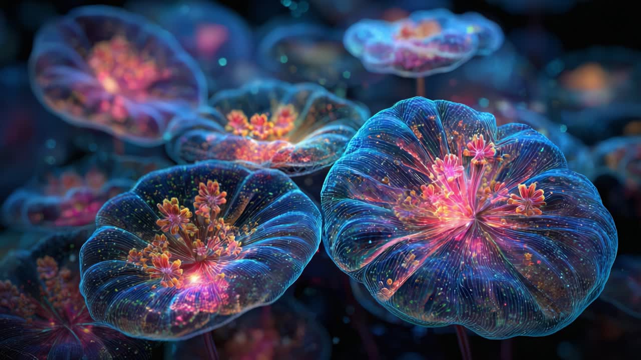 A Captivating Display of Radiant, Bioluminescent Flowers Enveloped in Ethereal Glow, Showcasing Nature's Marvels in a Hypnotic Light and Vibrant Colors