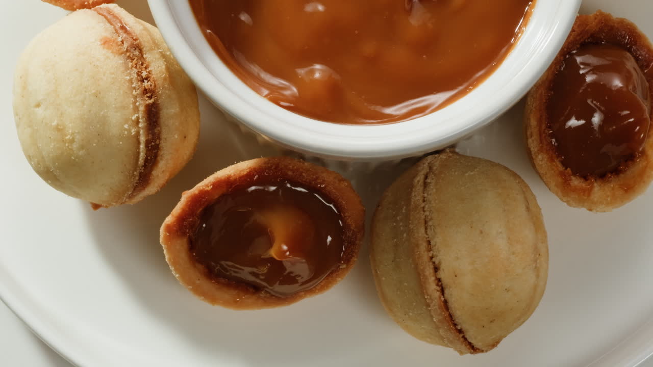 집에서 만든 견과류 모양의 쿠키와 여진 응축 우유가 회색 테이블에 평평하게 놓여 있습니다. 고품질의 4k 영상