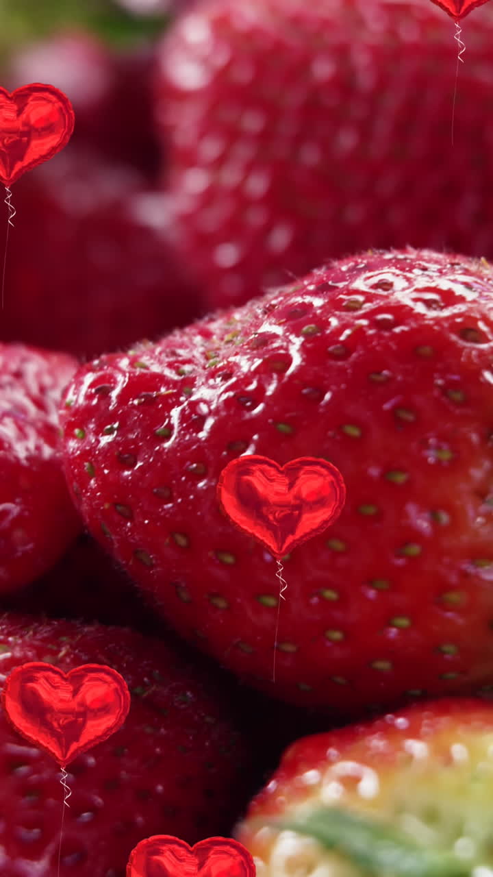 animación de corazones rojos que caen sobre las fresas