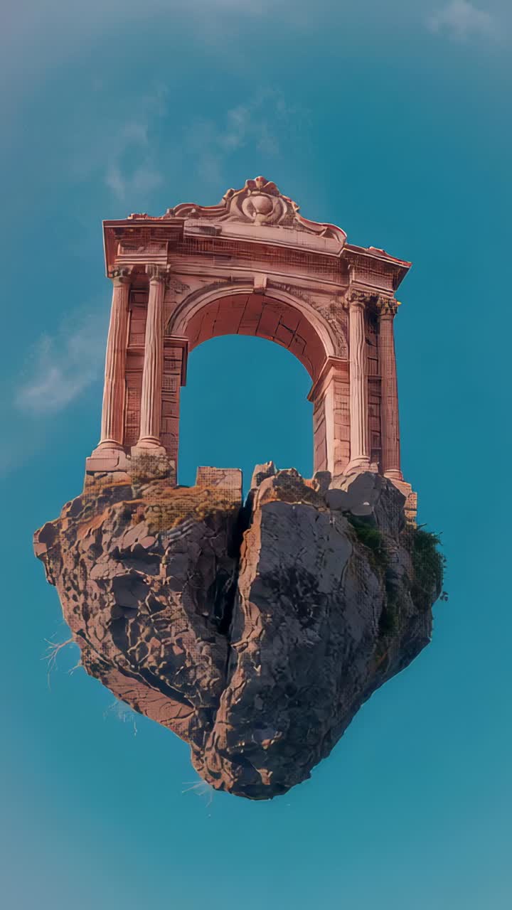 Vertical video: Rising arch with columns on heart rock as clip plays in sky, revealing crack moss