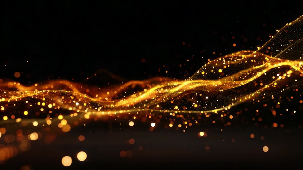 A Dynamic Flow of Golden Particles: The Enchanting Interaction of Light and Motion Captured in a Mesmerizing Stream of Colorful Waves Against a Dark Background, Evoking a Sense of Energy and Movement