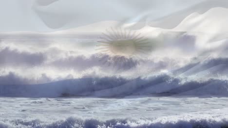 animation of flag of argentina blowing over waves in sea