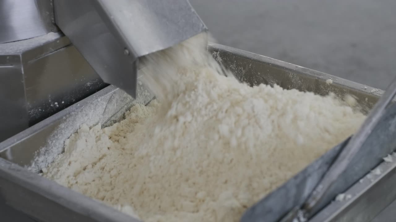 간식에 대한 감자 밀가루: 생산 공장 라인은 김 후 황금 감자 을 움직입니다.