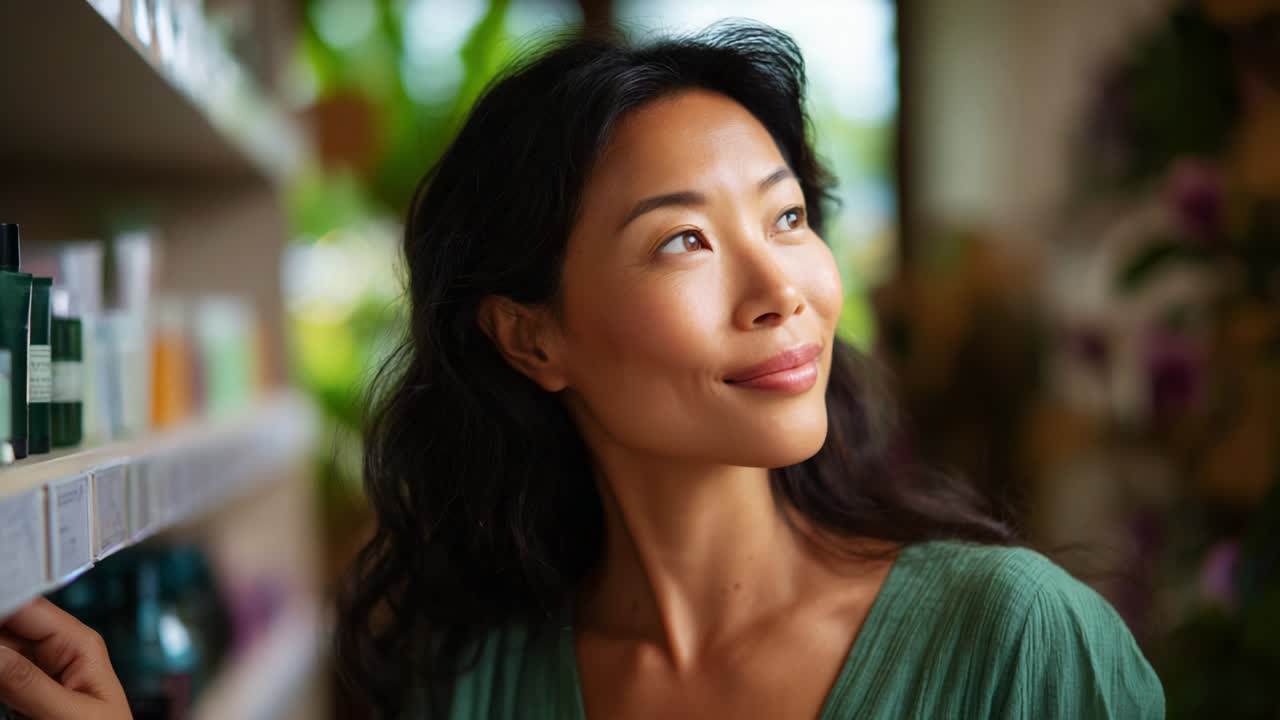 Captivating Moment of Joy: A Woman in a Serene Environment Gazes Thoughtfully While Shopping for Beauty Products, Emphasizing Inner Peace and Personal Care in a Lush, Relaxing Atmosphere