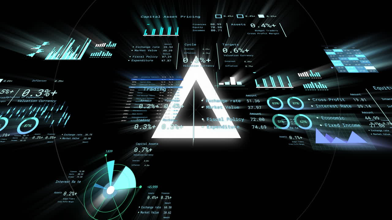 Animation of glowing triangle with financial data and graphs in digital interface