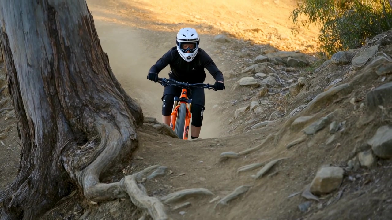 Ciclista di mountain bike con casco su bici arancione che si avvicina alla telecamera in salita, superando un dislivello per evitare le radici.
