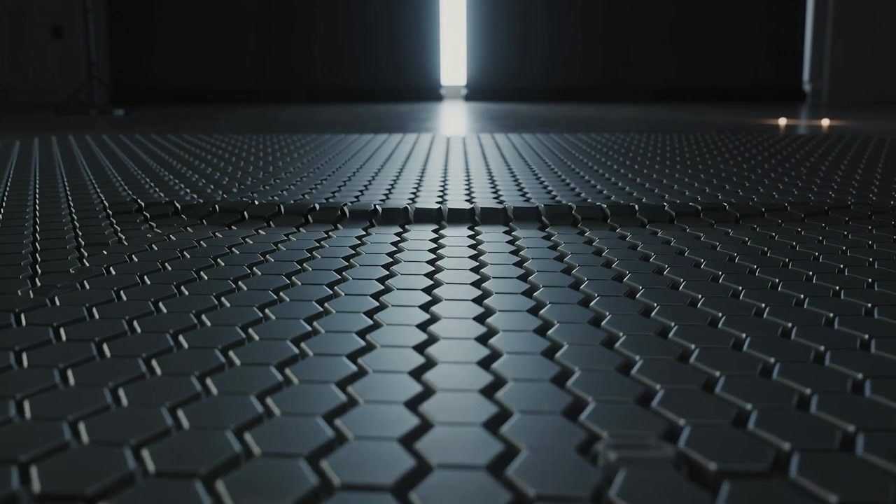 Luz de fundo constante revelando peças hexagonais formando uma ondulação central em câmara de metal através de uma fenda, brilho à direita