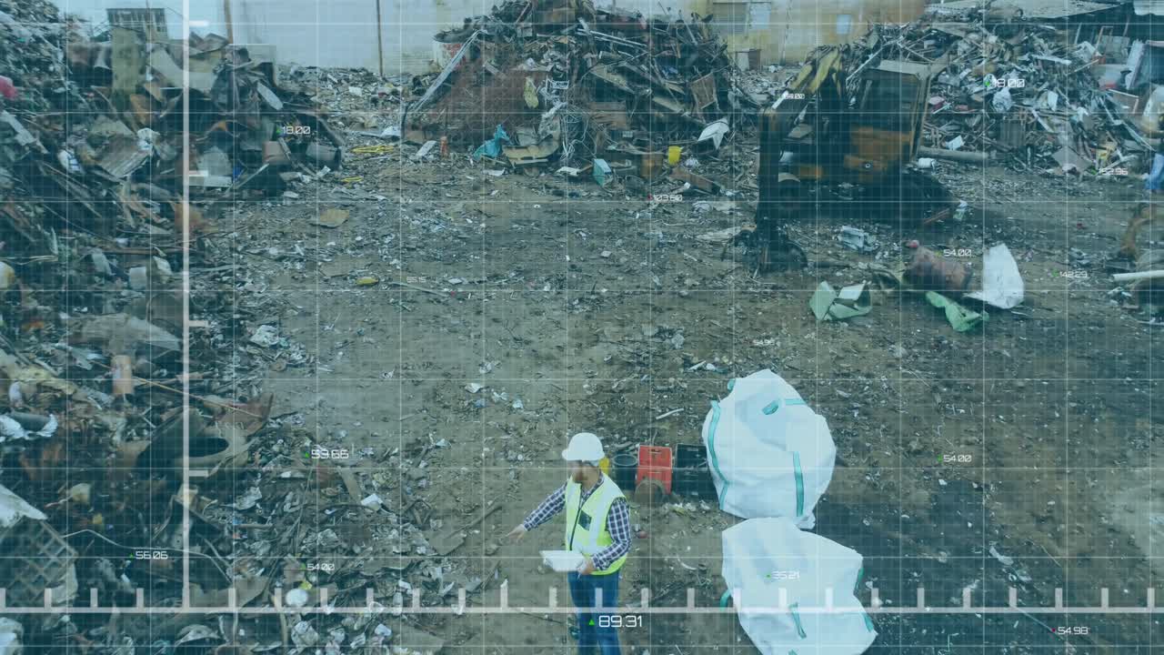 쓰레기 매립장에서 노동자에 대한 금융 데이터 처리 애니메이션