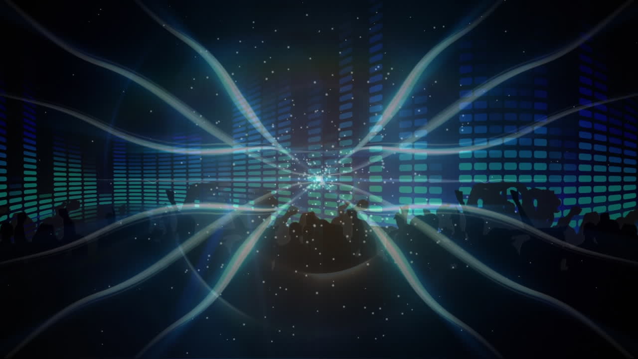 Animation of glowing spots and light trails with graphic music equalizer moving and people dancing
