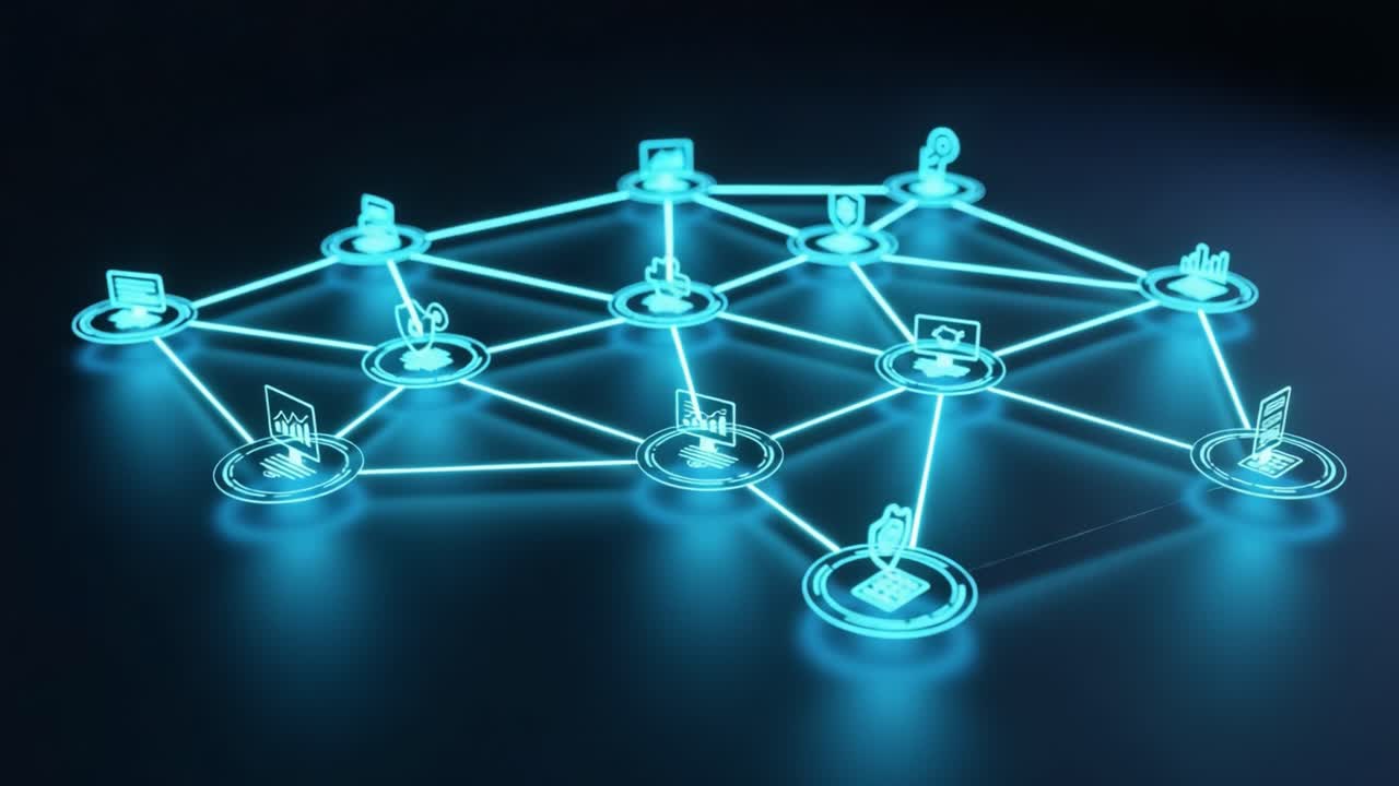 A Visual Representation of a Futuristic Network System with Interconnected Digital Icons, Highlighting Technology, Data Flow, and Information Exchange in a Virtual Environment