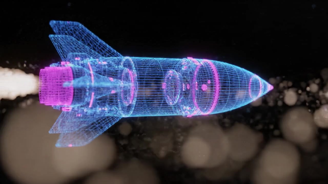 Futuristic Digital Rocket Design Featuring Advanced Technology in a High-Tech 3D Visualization with Neon Colors and Wireframe Elements Capturing Aerodynamics